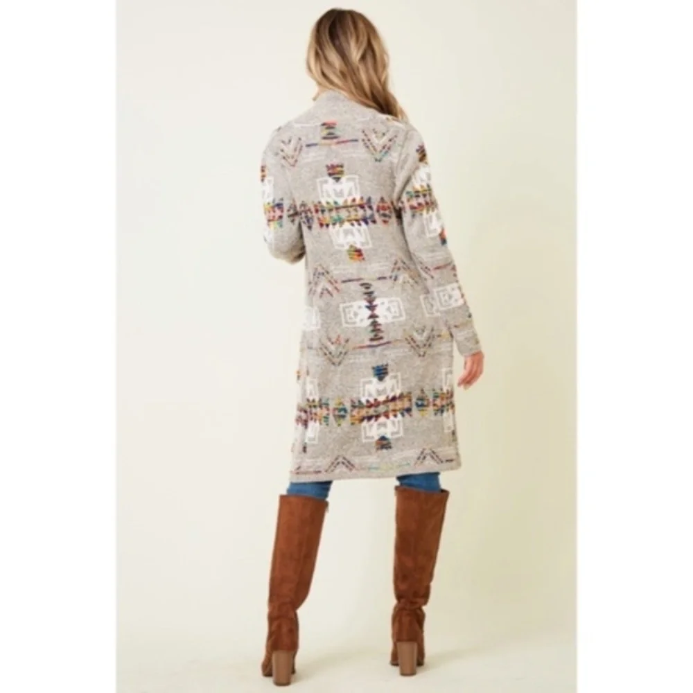 SOLD OUT Oatmeal Rainbow Multi Colored Aztec Tribal Jacquard Open Knit Cardigan - Picture 4 of 10